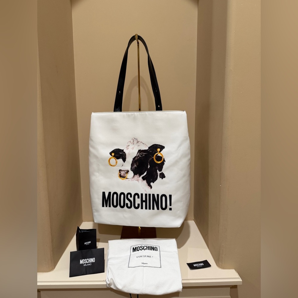 Moschino Black and White Cow Print Mooschino Tote with Gold Accents